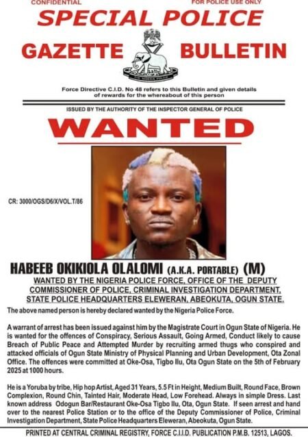 Ogun Police Declare Singer Portable Wanted Over Violent Attack on Government Officials